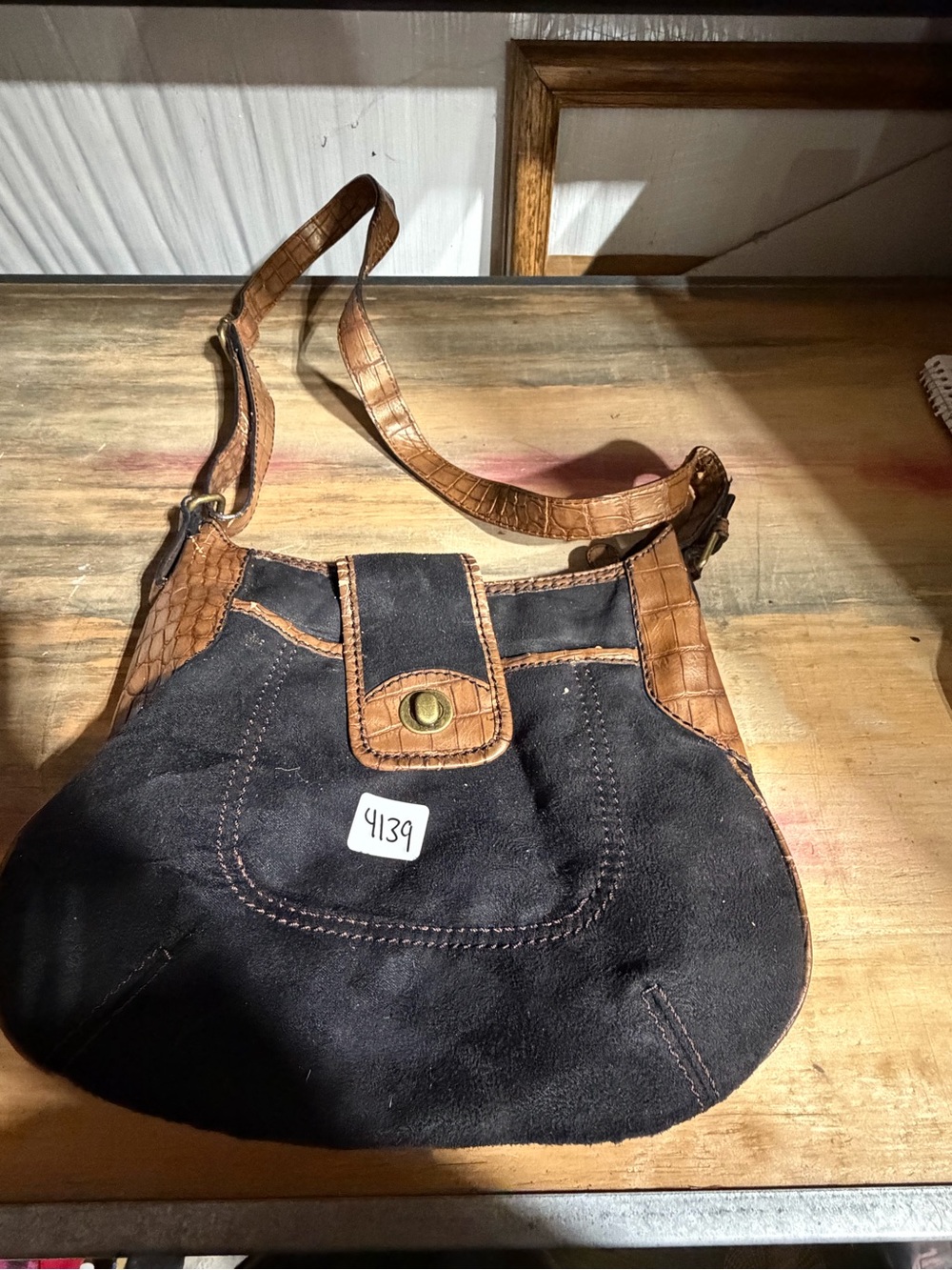 #4139-Women’s Black Suede and Brown Crossbody Bag